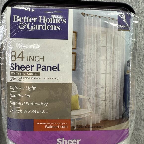 Set of 2 Better Homes&Gardens 38"x84" Sheer Panel White Embroidered Curtain Rod - Picture 1 of 6
